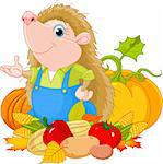 Cute hedgehog with harvest of fruits and vegetables