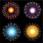 A collection of four brightly coloured firework explosions