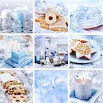 Collection of nine still live photos for Christmas in white and blue tone