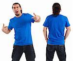 Photo of a male in his early thirties pointing at his blank blue shirt.  Front and back views ready for your artwork or designs.