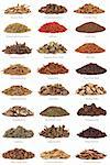 Large collection of chinese herbs used in alternative medicine with titles isolated over white background.