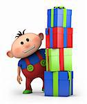 cute cartoon boy behind pile of presents- high quality 3d illustration