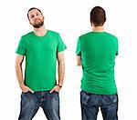 Young male with blank green t-shirt, front and back. Ready for your design or artwork.