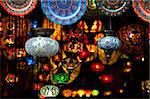 Colorful Arabic lantern and plates in a souk