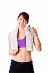 Athletic woman holding a bottle of water and relaxing after doing exercise, isolated oin white