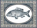 Fish carp vector illustration, antique graphic and stylized frame with corner ornaments