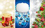 Christmas banners with baubles, fir tree, gift and place for text. Vector illustration.