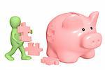 Puppet, piggy bank and puzzles. Isolated over white