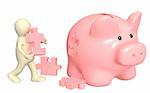 Puppet, piggy bank and puzzles. Isolated over white