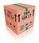 this side up package cardboard box with text shipment storage or delivery packet from online order handle with care fragile