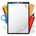 Clipboard with blank page and writing tools.