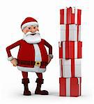 cute cartoon santa claus standing next to a stack of presents - high quality 3d illustration