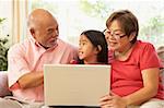 Grandparents And Granddaughter Using Laptop Computer At Home