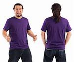 Young male with blank purple t-shirt, front and back. Ready for your design or artwork.