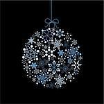 Christmas ball made from blue snowflakes on a black background (vector)