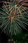 A green and orange burst of fireworks in the night sky.