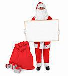 Santa claus and empty board on white background