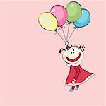 happy little girl flying with the balloons