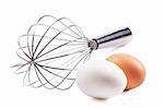 Two eggs and whisk isolated over white background