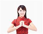 happy chinese new year. smiling young woman  with gesture of congratulation