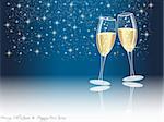 New years eve concept with champagne glasses on dark blue sky background and copy space