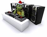 3D render of a christmas tortoise DJ mixing records on turntables