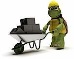 3D render of a tortoise Builder with a wheel barrow carrying bricks