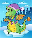 Winter scene with cute dragon - vector illustration.