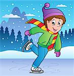 Winter scene with skating boy - vector illustration.