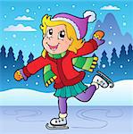 Winter scene with skating girl - vector illustration.