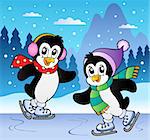 Winter scene with skating penguins - vector illustration.
