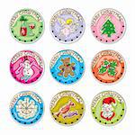merry christmas set of colored  stamp coins, stickers isolated on white