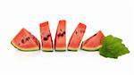 Watermelon fruit in wedges with leaf sprig isolated over white background.