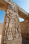 Egyptian hieroglyphic carvings on a wall at the temple of Medinat Habu in Luxor