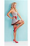 pinup style  full body portrait of a beautiful and sexy blond girl wearing a very short dress black and white with red belt