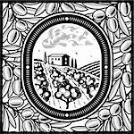 Retro olive grove in woodcut style. Black and white vector illustration with clipping mask.