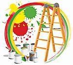 Abstract picture with paints and a step-ladder. Vector illustration.