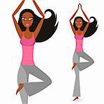 Cute afro woman practicing yoga exercise. Vector Illustration.