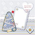 New Year and Christmas card. Christmas frames with denim Christmas trees and lace seamless. jeans decorative background