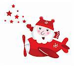 Santa Claus in airplane touching stars. Vector retro Illustration