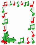 A border made of red and green musical notes with holly in the corner.
