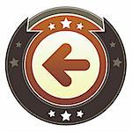 Left arrow icon on round red and brown imperial vector button with star accents suitable for use on website, in print and promotional materials, and for advertising.