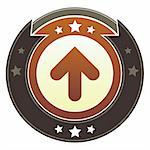 Up arrow icon on round red and brown imperial vector button with star accents suitable for use on website, in print and promotional materials, and for advertising.