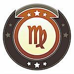 Virgo zodiac astrology icon on round red and brown imperial vector button with star accents suitable for use on website, in print and promotional materials, and for advertising.