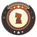 Castle, safety, security icon on round red and brown imperial vector button with star accents suitable for use on website, in print and promotional materials, and for advertising.