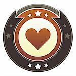 Heart, love, healthy, or Valentine's icon on round red and brown imperial vector button with star accents