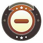 Minus, subtract, remove, or minimize icon on round red and brown imperial vector button with star accents