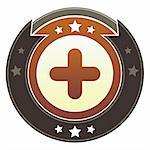 Plus, add, or expand icon on round red and brown imperial vector button with star accents