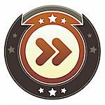 Forward, next, or skip media player icon on round red and brown imperial vector button with star accents