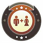 Male and female or unisex icon on round red and brown imperial vector button with star accents